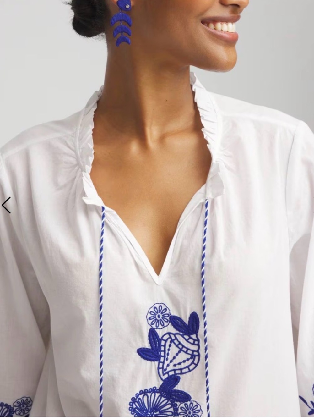 Chico's NWT Embroidered Tie-Frint Blouse with Blue Embroidery Sz 8 MSRP $99